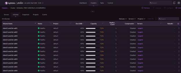 Lightbits software defined storage GUI volumes view