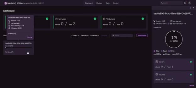 Lightbits software defined storage GUI dashboard