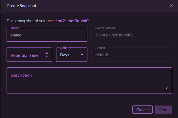 Lightbits software defined storage GUI snapshot creation