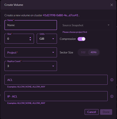 Lightbits software defined storage GUI volume creation dialogue